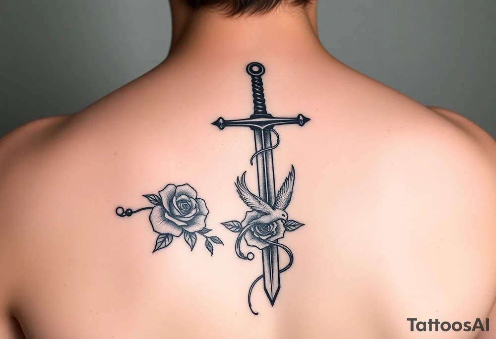 Cross sword on arm darkened in with roses pearls and a small phoenix rising from the ashes feminine tattoo idea