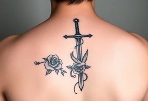 Cross sword on arm darkened in with roses pearls and a small phoenix rising from the ashes feminine tattoo idea