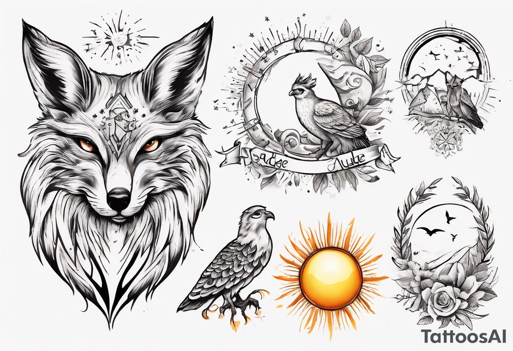 Fuchs und Eule unter der Sonne mit dem Schriftzug Sapere Aude tattoo idea