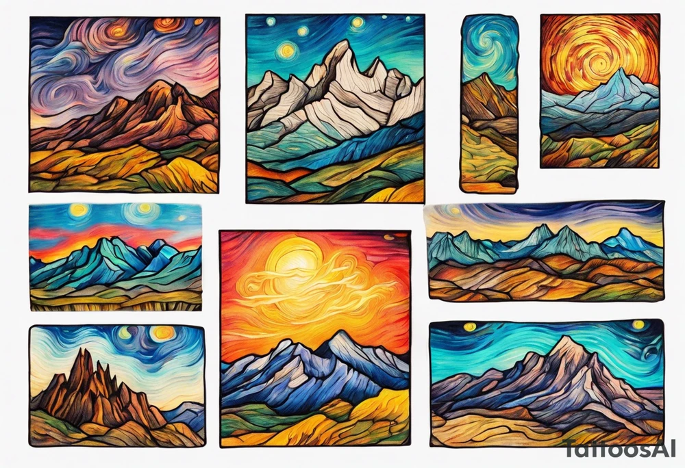 Small tattoo of New Mexico mountains, Van Gogh style, vibrant colors, swirling brushstrokes, detailed peaks, high quality, Van Gogh style, vibrant colors, swirling brushstrokes, detailed, professional, atmospheric lighting tattoo idea