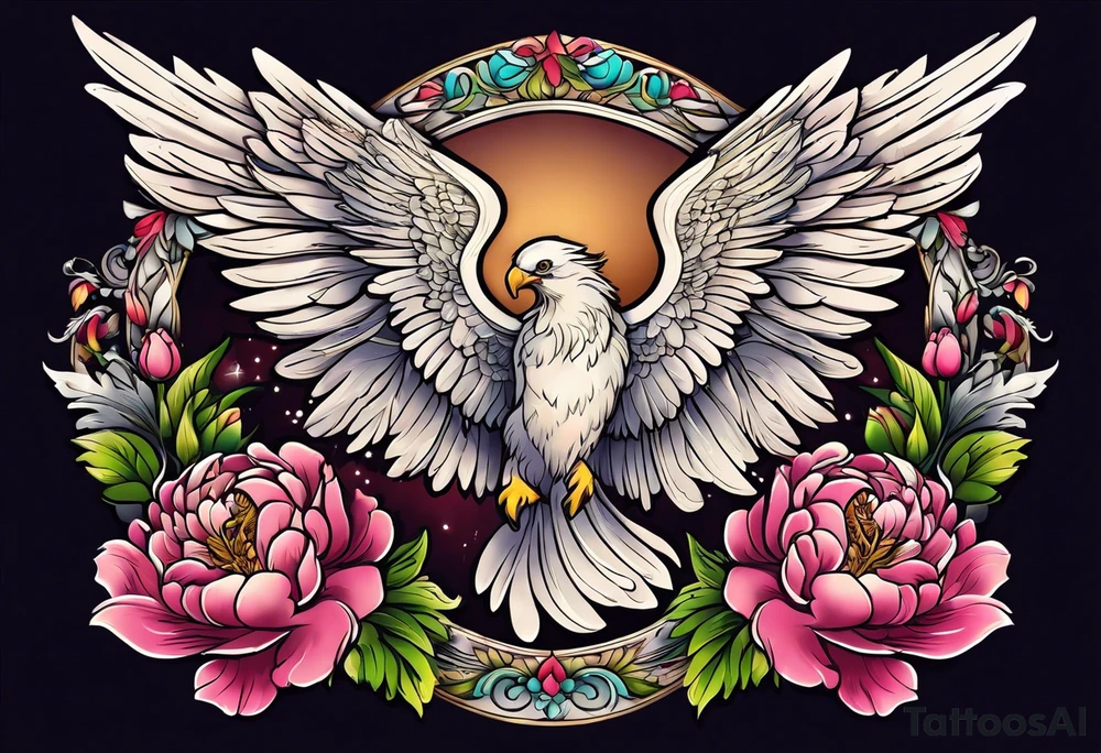 beautiful angel wings with colorful, peonies. beautiful flilligree in the background , full color, traditional old school , white background tattoo idea