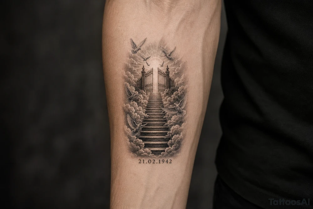 Stairway to heaven, with clouds surrounding the stairs, and the gate being at the top. A date, below the stairs, in Roman numerals 21.02.1942. Also, add some doves flying above the gates, and around the stairs. tattoo idea