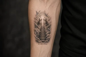 Stairway to heaven, with clouds surrounding the stairs, and the gate being at the top. A date, below the stairs, in Roman numerals 21.02.1942. Also, add some doves flying above the gates, and around the stairs. tattoo idea