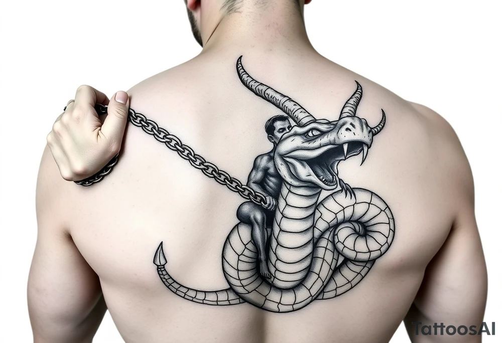 An giant ugly demonic man  holding a chain with a snake and something with devils horns ridding the snake both being slaves the snake has a wide shaped cobra head with goat horns and  a mouth full of sharp teeth and with the demonic guy riding on the back of the snake tattoo idea