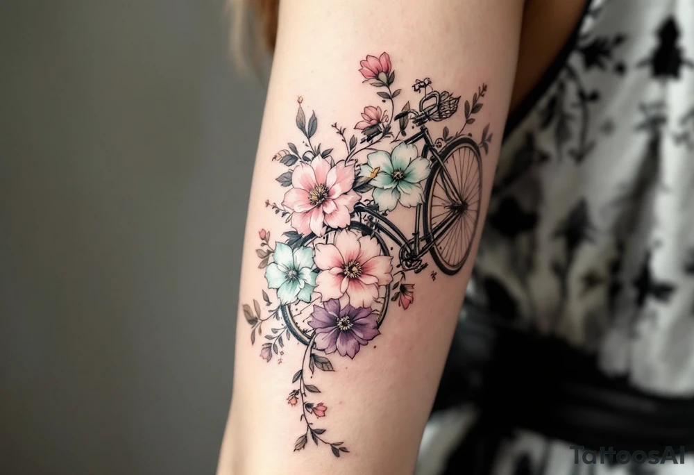 A vintage bicycle with intricate floral designs on the frame, in soft pastels (light pink, mint green, and lavender), symbolizing freedom and adventure. tattoo idea