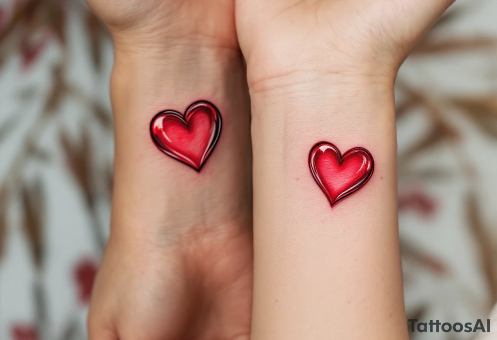 A red candy-heart design on each partner wrist tattoo idea