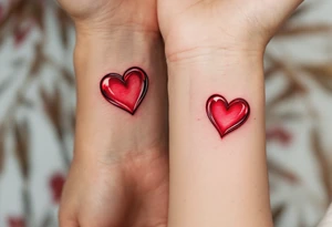 A red candy-heart design on each partner wrist tattoo idea