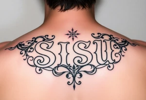 the word 'SISU' using chicano lettering style and filigree designs surrounding the word tattoo idea