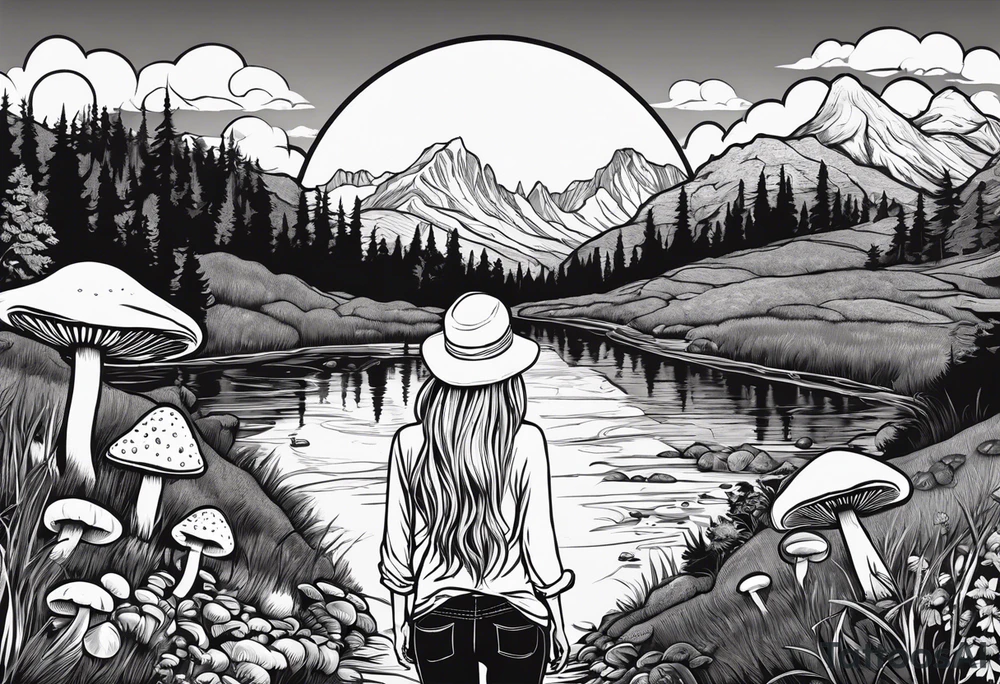 Whole picture encircled fully

Straight long blonde hair hippie girl in distance holding mushrooms in hand facing away toward mountains and creek surrounded by mushrooms long sleeve shirt and hiking pants; whole rendering within a full circle, no cut off circle tattoo idea