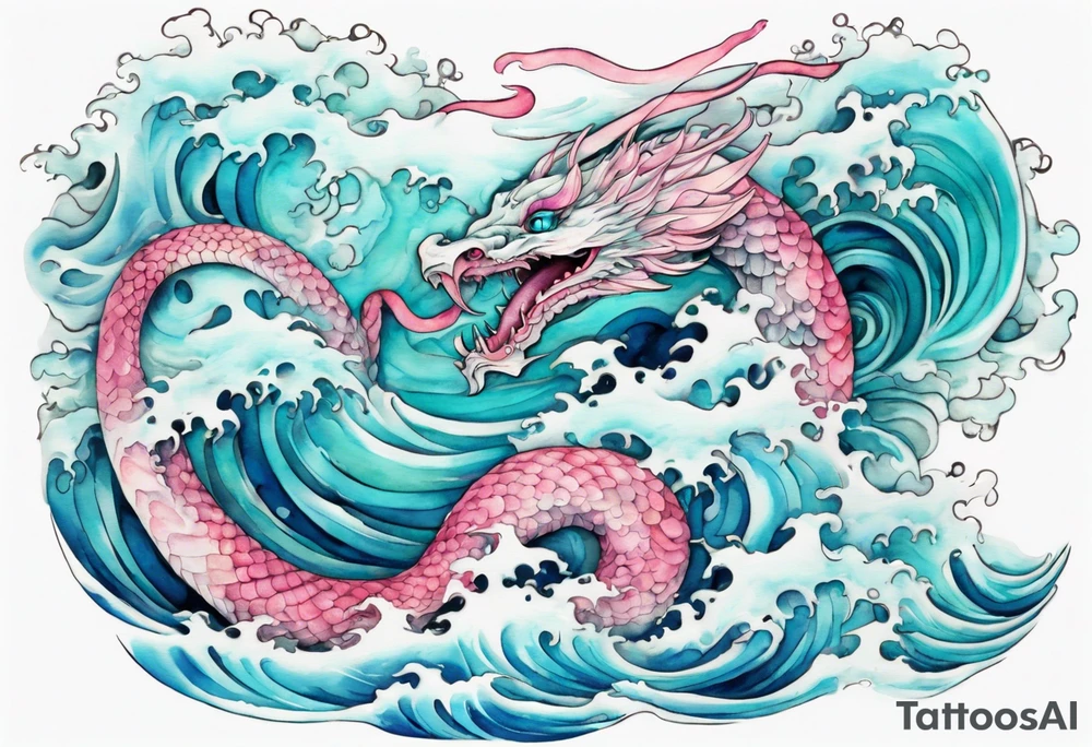 a turquoise and white and pink sea serpent with beautiful eyes rising from the blue waves of the ocean tattoo idea