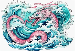 a turquoise and white and pink sea serpent with beautiful eyes rising from the blue waves of the ocean tattoo idea