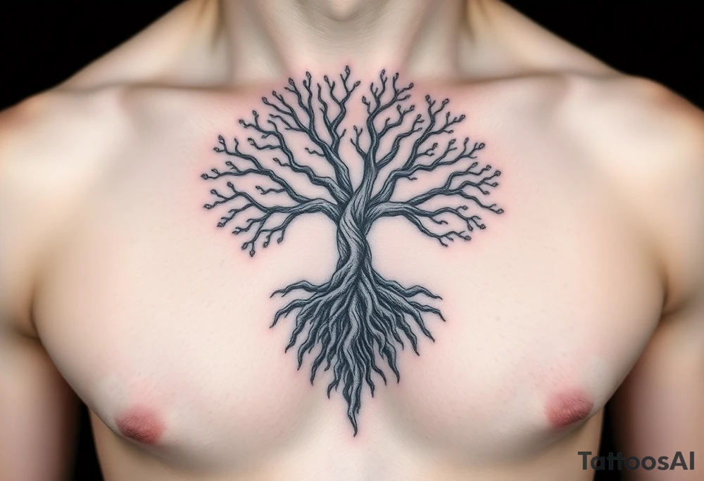 mystical tree of life with cosmic roots and celestial branches tattoo idea