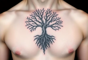 mystical tree of life with cosmic roots and celestial branches tattoo idea