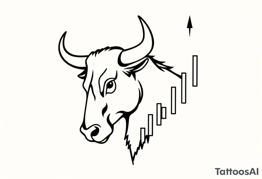 Create a minimalist black line tattoo of a bull’s head that transitions into an upward-trending candlestick stock chart. The design should have clean, fluid lines and combine the bull’s face and horns on the left, with the candlestick chart rising to the right, forming the shape of the bull’s jaw/neck. Keep the style simple and elegant, suitable for a forearm or upper arm tattoo.” tattoo idea