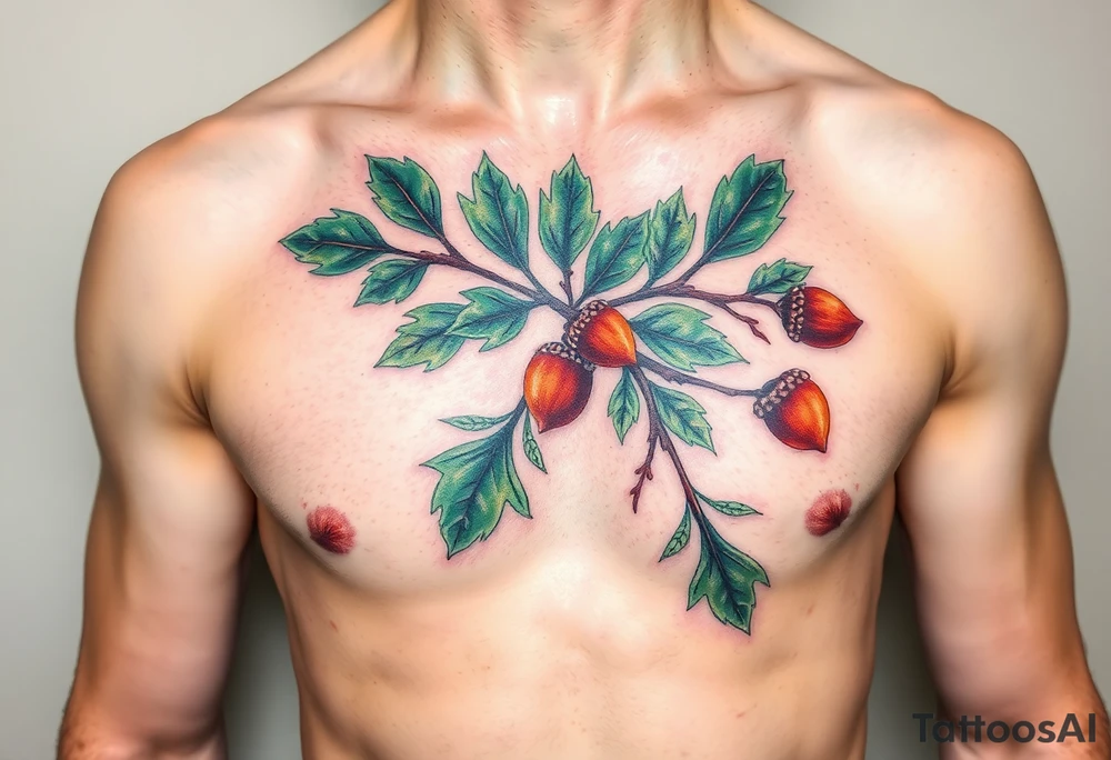 on the chest an oak branch with thick leaves and acorns oak branch with thick leaves and acorns tattoo idea