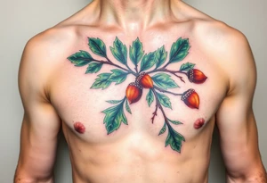 on the chest an oak branch with thick leaves and acorns oak branch with thick leaves and acorns tattoo idea