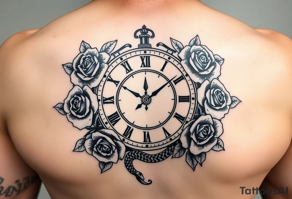 A mechanical clock set to 1:15, surrounded by roses, with a snake tattoo idea A mechanical clock set to 1:15, surrounded by roses, with a snake tattoo idea