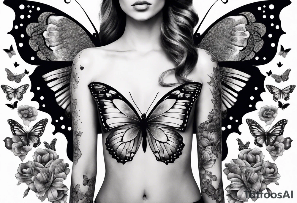 Mechanic body girl torso surrounded by butterflies tattoo idea