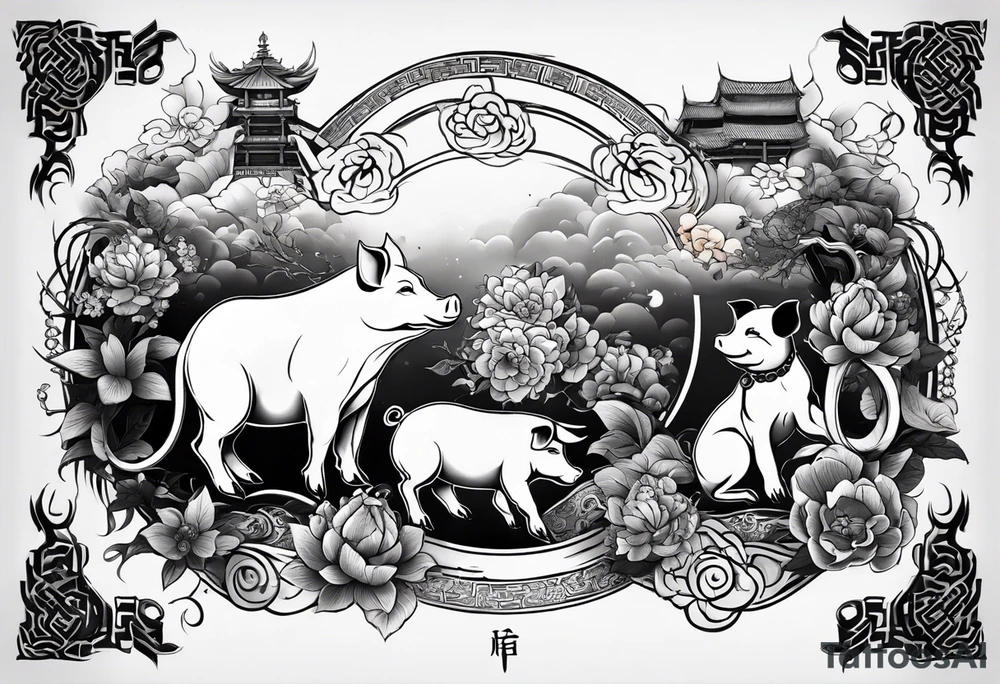 I want a tattoo of a pig, rat, snake, dog, and tiger all together representing the years my children were born in Chinese new years tattoo idea