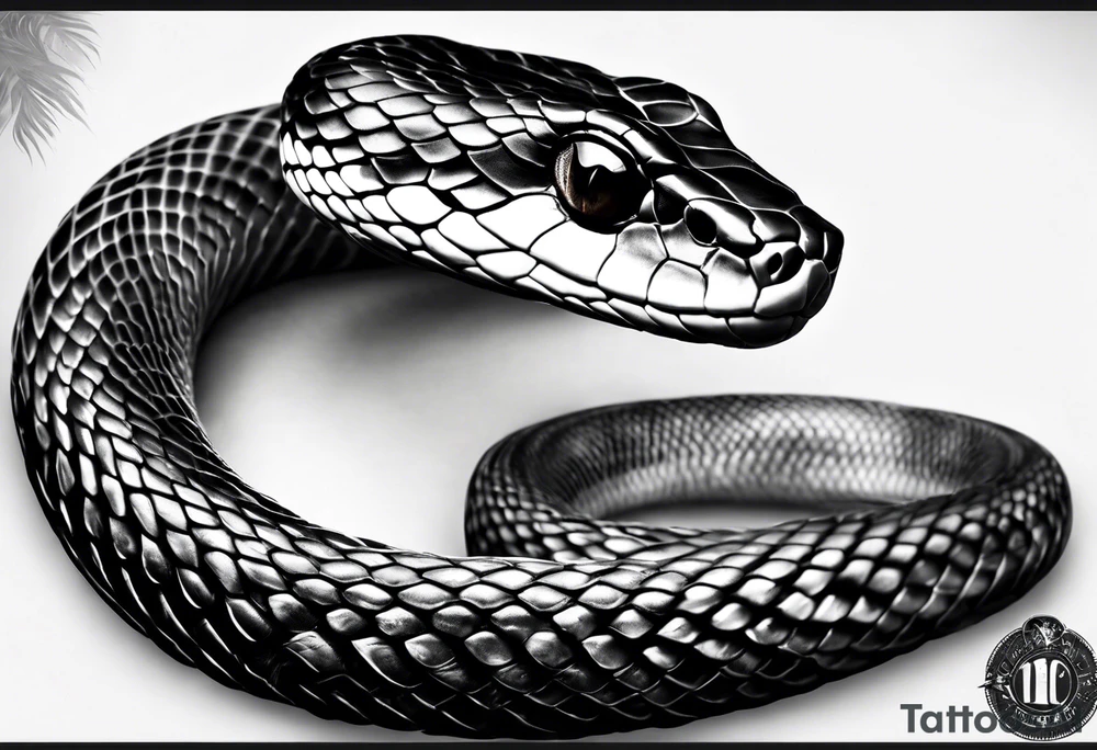Black and grey realism with a pit viper snake rainforest background for a forearm sleeve. Create the snake to have aggressive features. tattoo idea