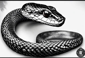Black and grey realism with a pit viper snake rainforest background for a forearm sleeve. Create the snake to have aggressive features. tattoo idea