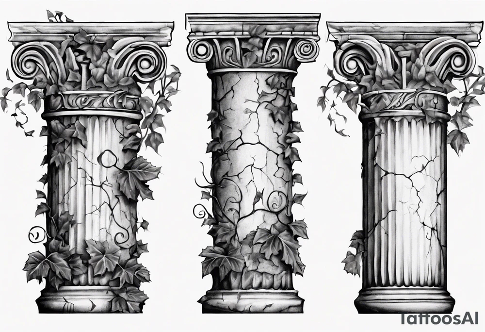 An old roman pillar in the Ionian style with the word "OMNIA" inscribed on the frieze. It has cracks on the shaft and overgrown ivy on the stylobate and stereobate. It is turned 17 degrees to the right. tattoo idea