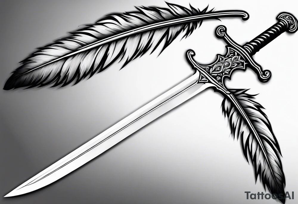 longsword a thin long sword that has feathers facing the same direction at a slightliy away angle from the sword tattoo idea