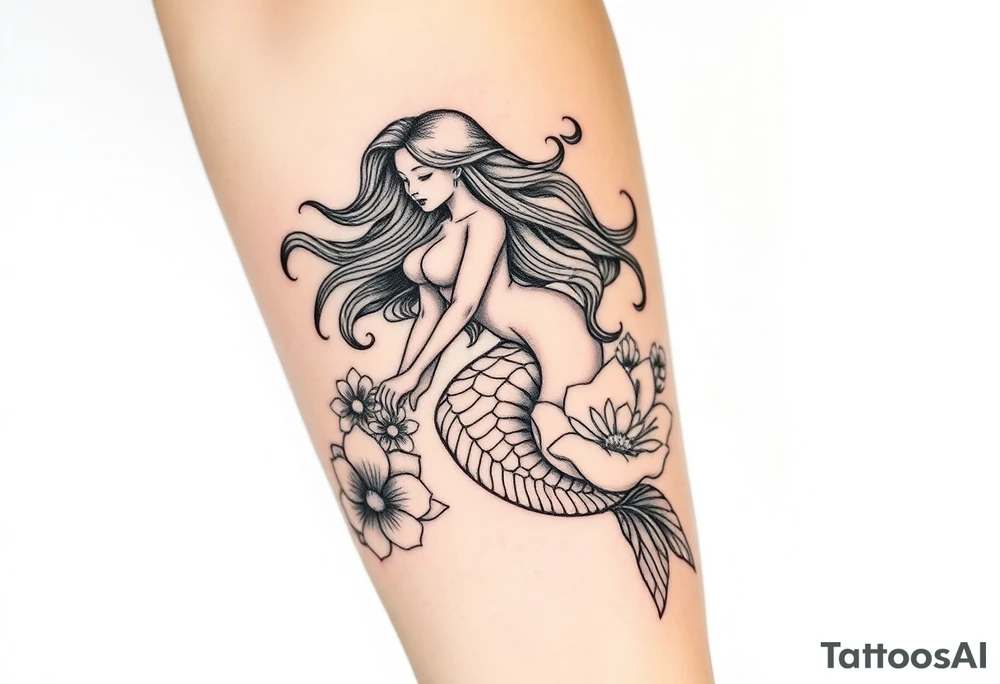 ethereal mermaid with flowing hair among coral and sea flowers tattoo idea
