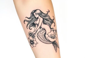 ethereal mermaid with flowing hair among coral and sea flowers tattoo idea