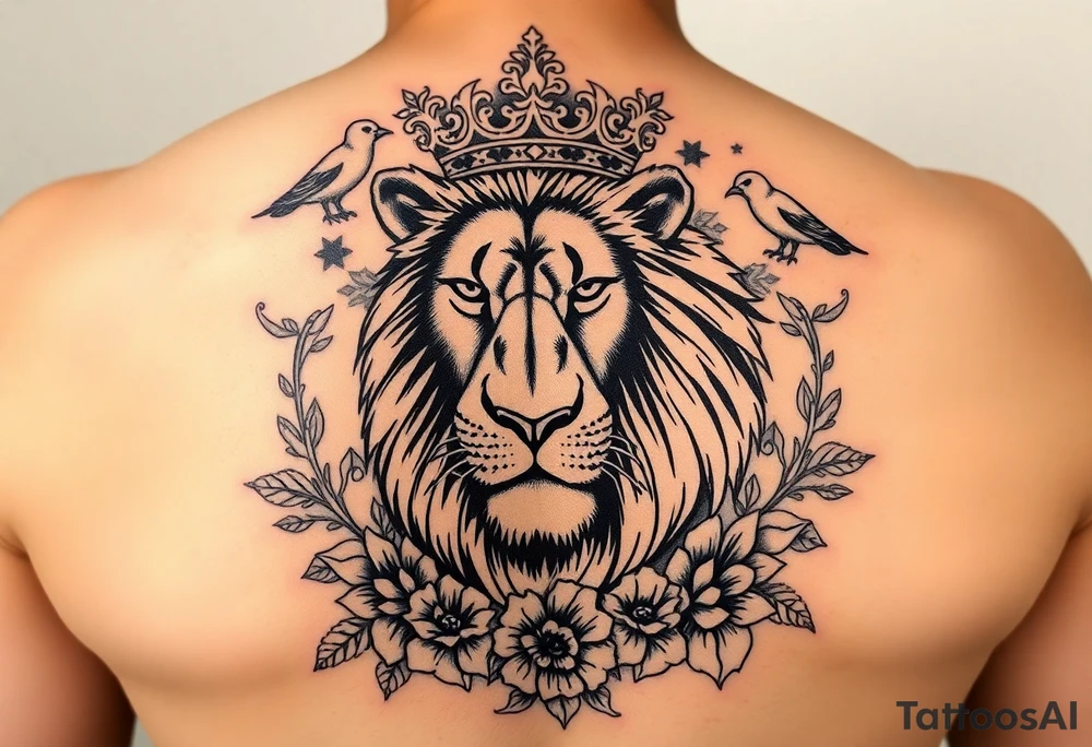 powerful majestic lion with a crown, surrounded by floral ornaments and birds tattoo idea