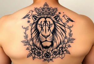 powerful majestic lion with a crown, surrounded by floral ornaments and birds tattoo idea
