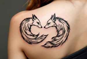 A black and white yin-yang formed by curled foxes on both partners shoulder blade. tattoo idea