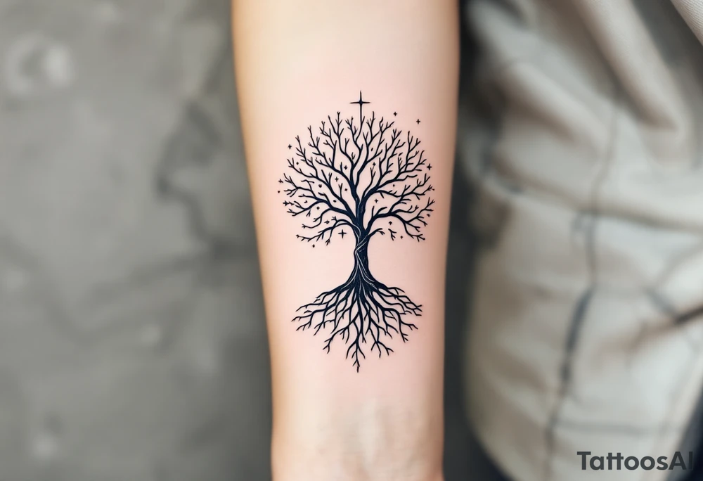 mystical tree of life with cosmic roots and celestial branches tattoo idea