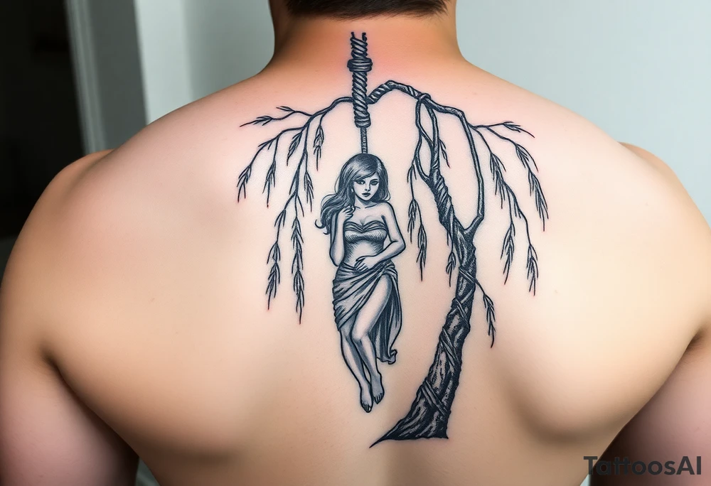 Fat sexy woman hanging in a noose off a weeping willow tree tattoo idea