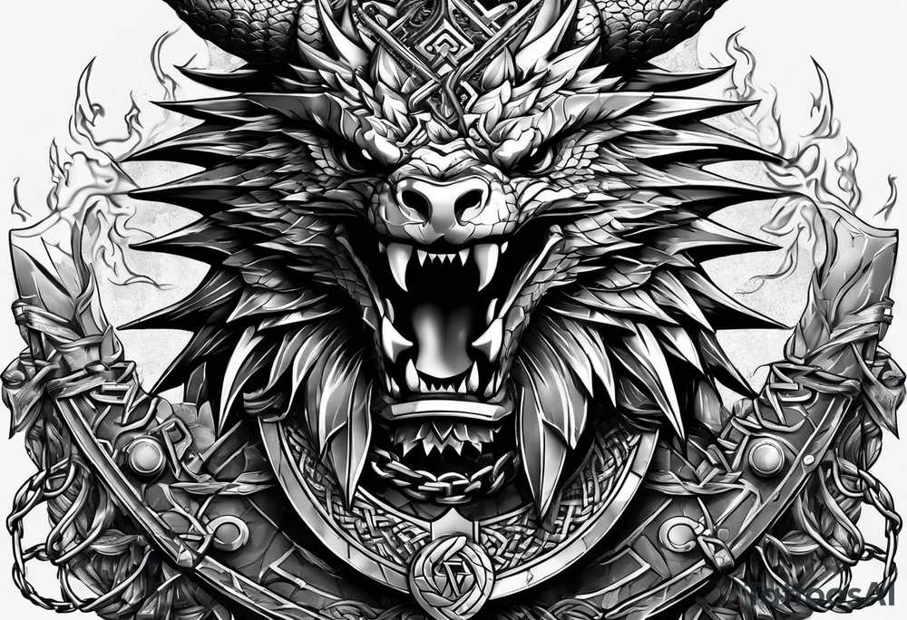Valhalla sword shield dragon axe Valknut barbed wire chains fire tattoo idea
