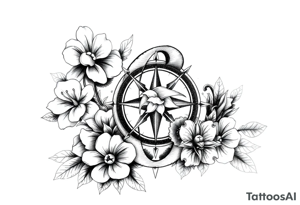 number 6 with flowers surrounding it and a nautical compass and fleur des lis tattoo idea