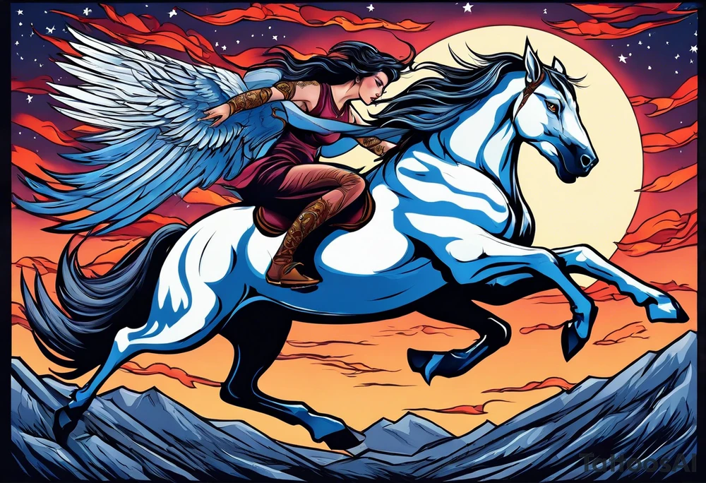 Female werewolf and Pegasus fighting in the night tattoo idea