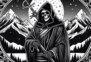Grime reaper with snow flake and mountains tattoo idea