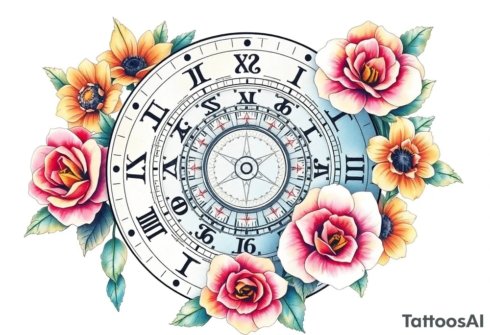 zodiac symbols and Norse runes within ornate clockwork mechanism with roses lilly sunflowers tattoo idea