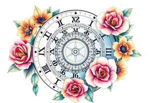 zodiac symbols and Norse runes within ornate clockwork mechanism with roses lilly sunflowers tattoo idea