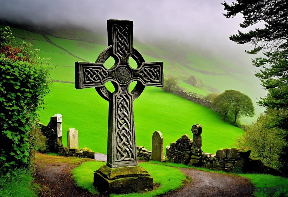 A stone Celtic cross standing tall against the backdrop of a misty, overgrown hillside. The cross is fashioned from weathered gray stone, its arms intricately carved with intertwining knots and spirals that evoke the artistry of ancient Celtic craftsmanship. At the intersection of the arms, a large, flat stone serves as the base, adorned with a carving of a knotwork circle. Perched atop the outermost arm of the cross is a raven, its ebony feathers shining in the soft, diffused light. The bird's head is tilted slightly to the side, its beady eyes fixed on something in the distance, as if lost in thought or contemplation. The surroundings are quiet and serene, with a light breeze rustling through the wild grass and the distant calls of unseen birds. The Celtic cross stands as a testament to the enduring spirit of the Celts, its presence echoing through the centuries, its story waiting to be told. tattoo idea