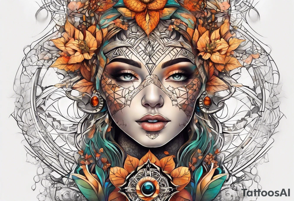 front knee tattoo with sacred geometry, swirls & washes, background and in fall colors tattoo idea