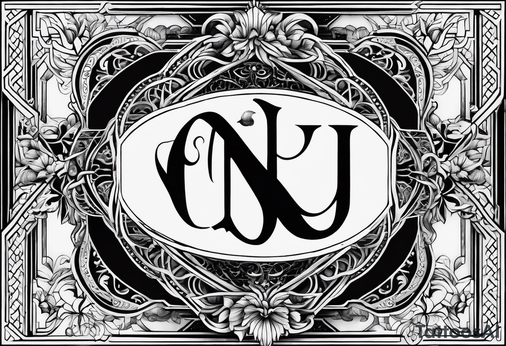 The initials N.A.J.E. in edwardian script surrounded by symmetrical smoke and intricate design tattoo idea