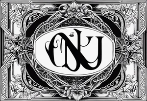 The initials N.A.J.E. in edwardian script surrounded by symmetrical smoke and intricate design tattoo idea