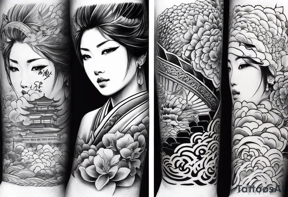 Japanese forearm sleeve stencil tattoo idea