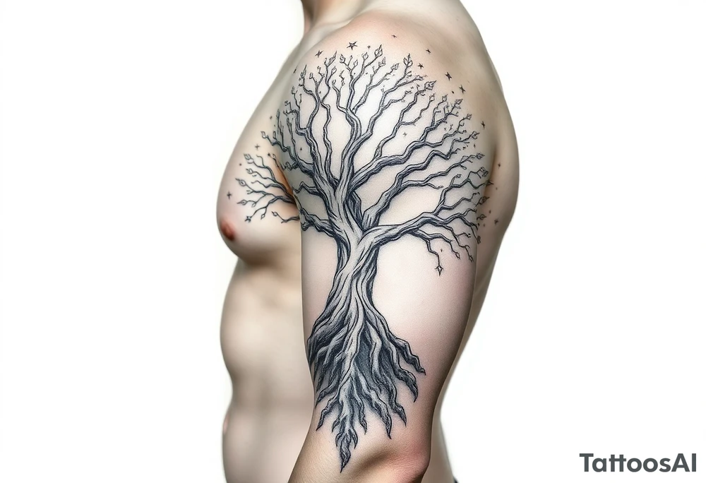 mystical tree of life with cosmic roots and celestial branches tattoo idea