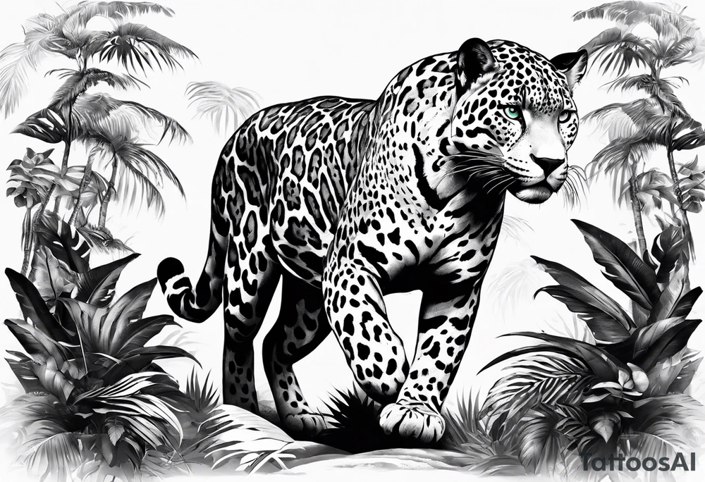 Create and black and grey realistic jaguar walking toward you with rainforest background for a forearm tattoo tattoo idea