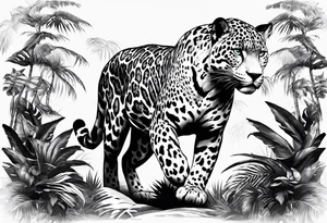 Create and black and grey realistic jaguar walking toward you with rainforest background for a forearm tattoo tattoo idea