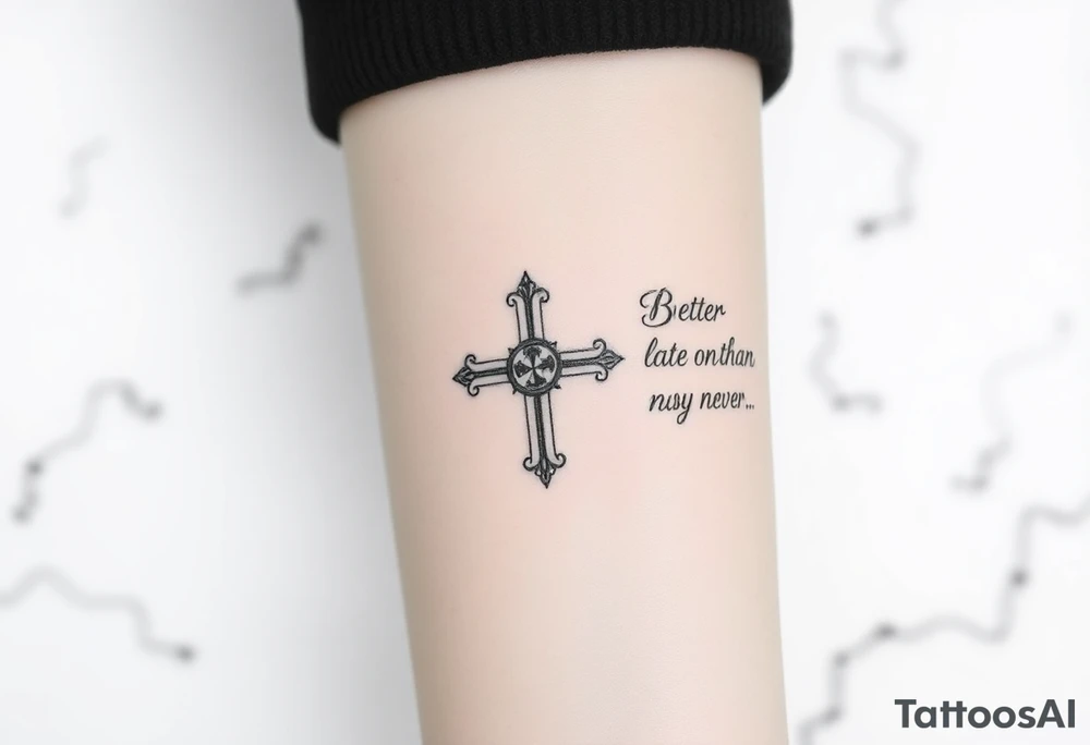 Element	Inhalt & Stil
Zentrales Kreuz	Schlicht, zentral, leicht schattiert
Linke Seite	„Better late than never, but never late is better.“
Rechte Seite	Zitat deiner Wahl (z. B. „Time waits for no one.“)
Hintergrund	Schattierte Wolken, evtl. mit Lichtstrahl
Platzierung	Innerer Unterarm, vertikal verlaufend tattoo idea