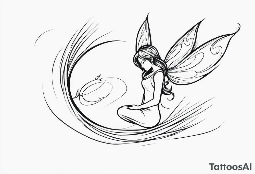 Minimalistic, monochromatic fairy with a tail flying to the left in a fetal position, leaning and looking in the same direction, with visible hands, embodying the 'Fairy Tail' logo aesthetic. tattoo idea